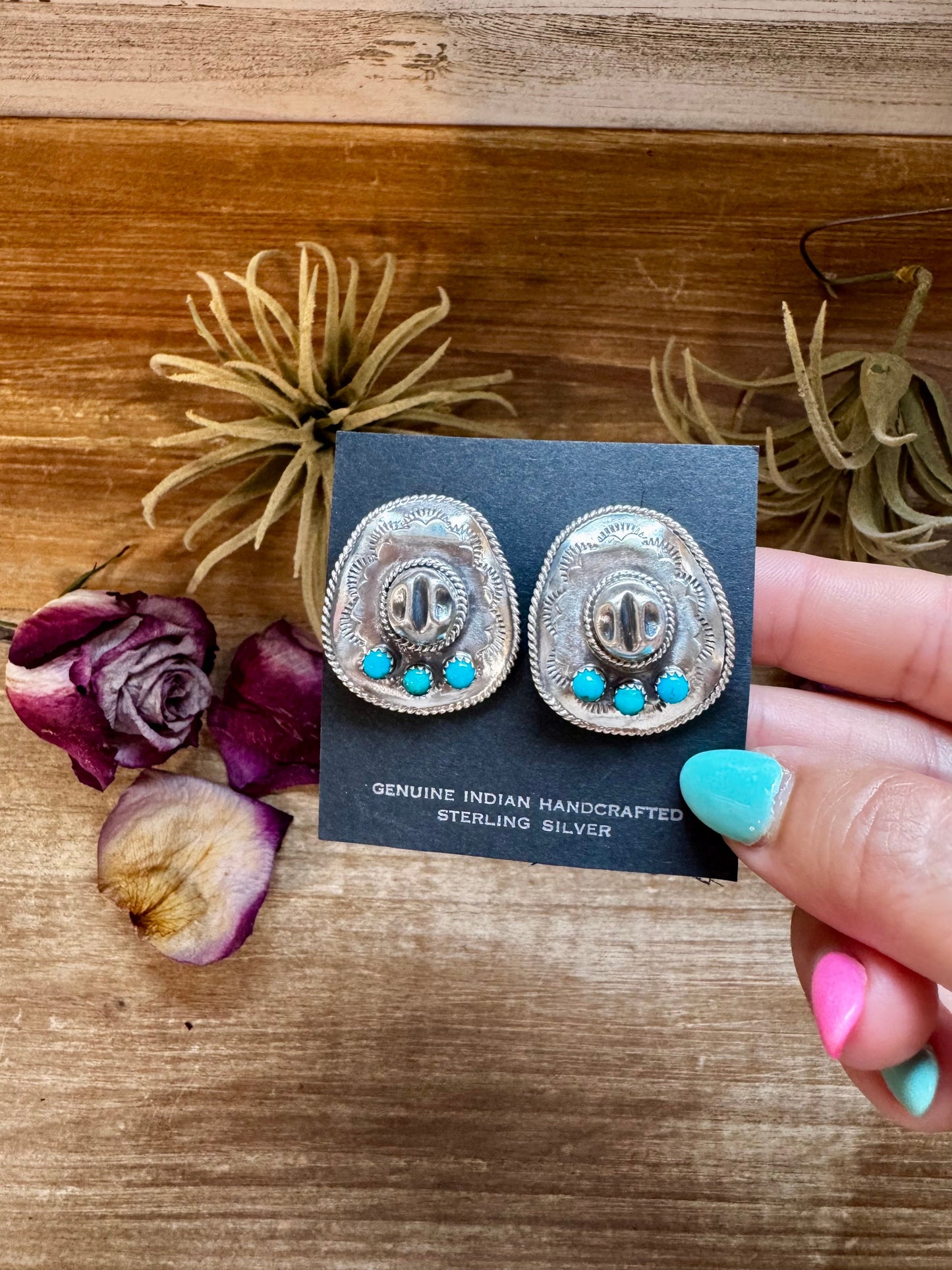 Cowboy Hat Stud Earrings with Kingman Turquoise – Sterling Silver – Native Made by Bobby Platero