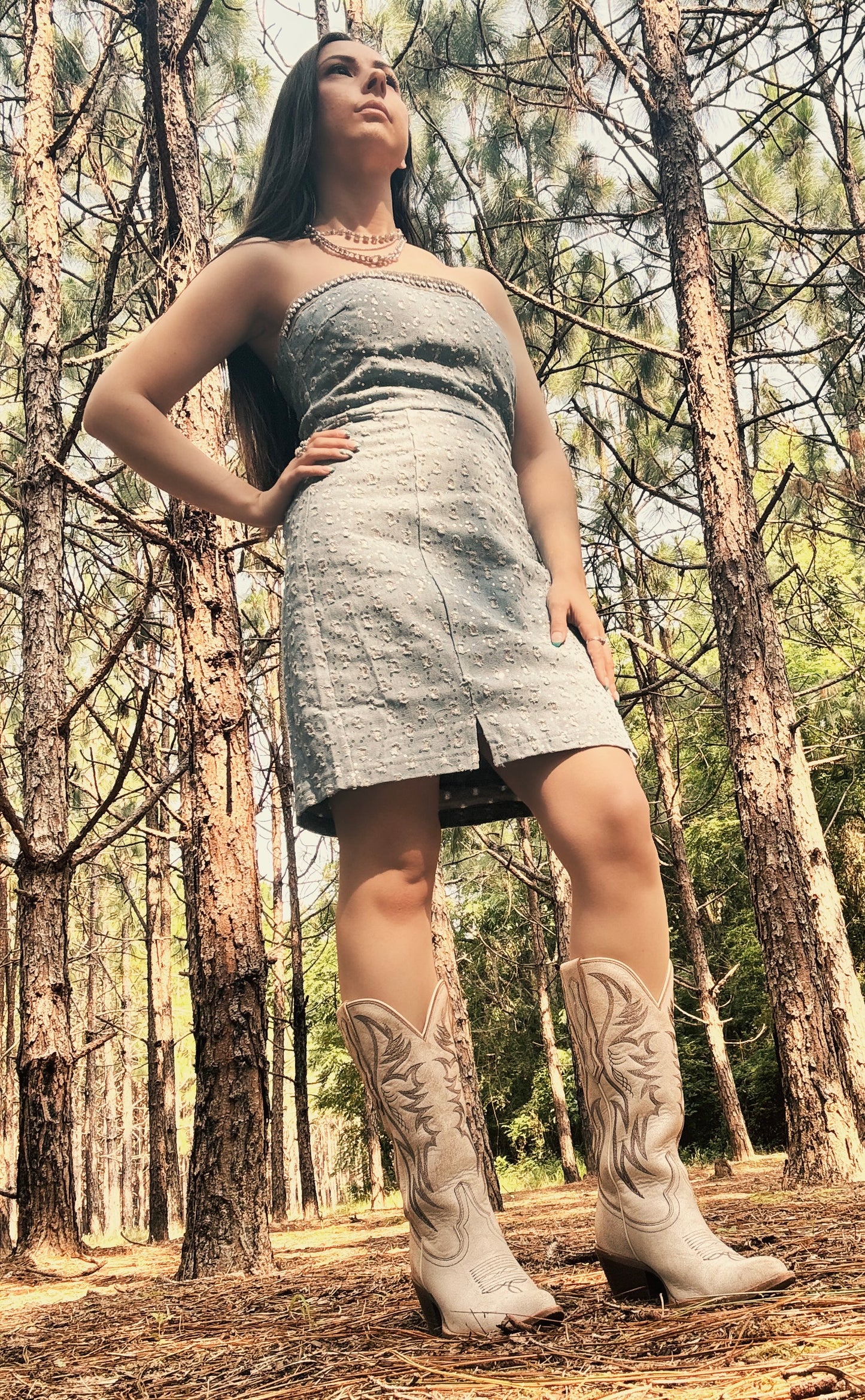 Sequin Denim Mini Off Shoulder Dress