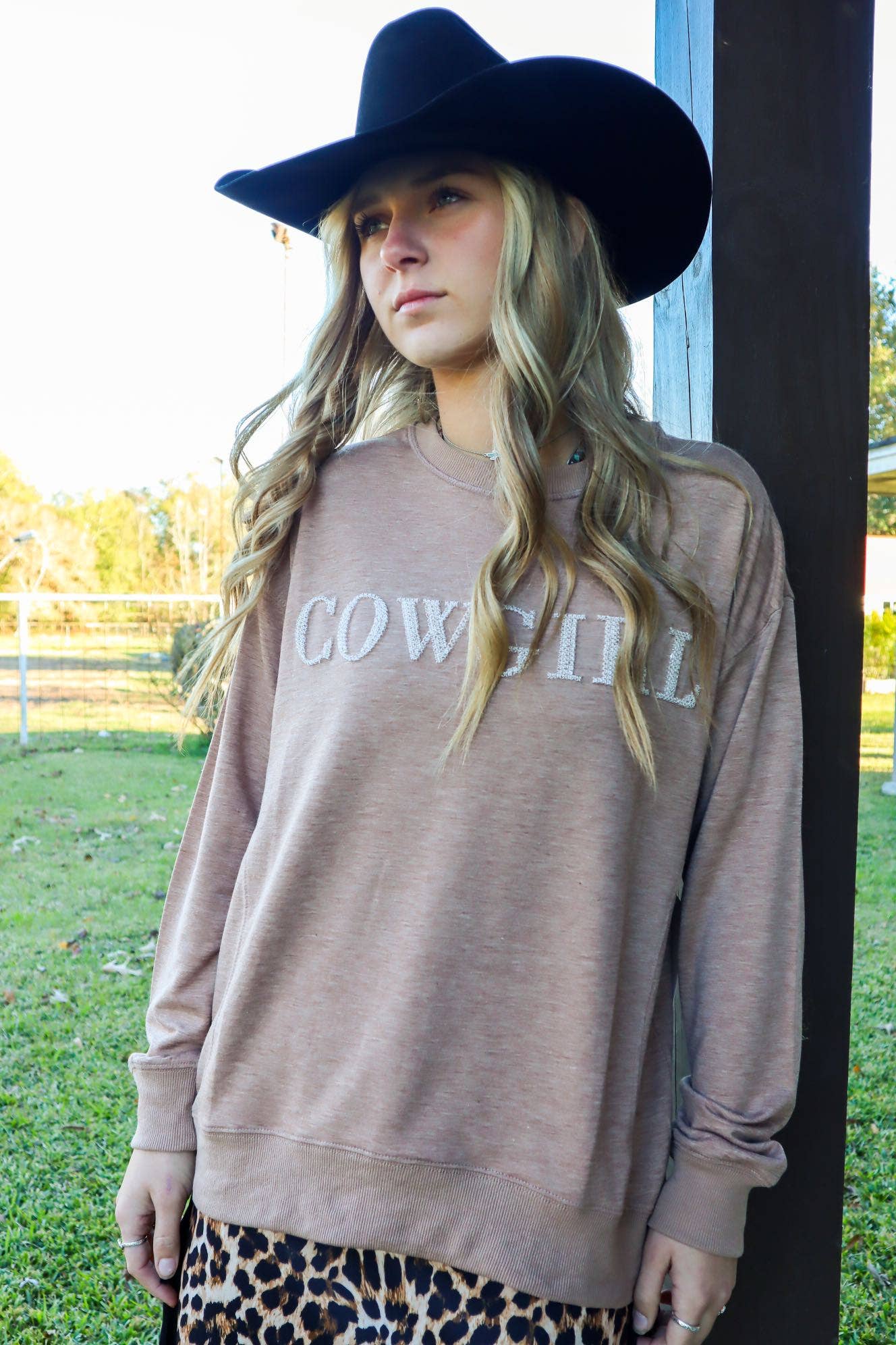 MK314 COWGIRL! 3D Embroidered Sequin LS Tee: TAN / L