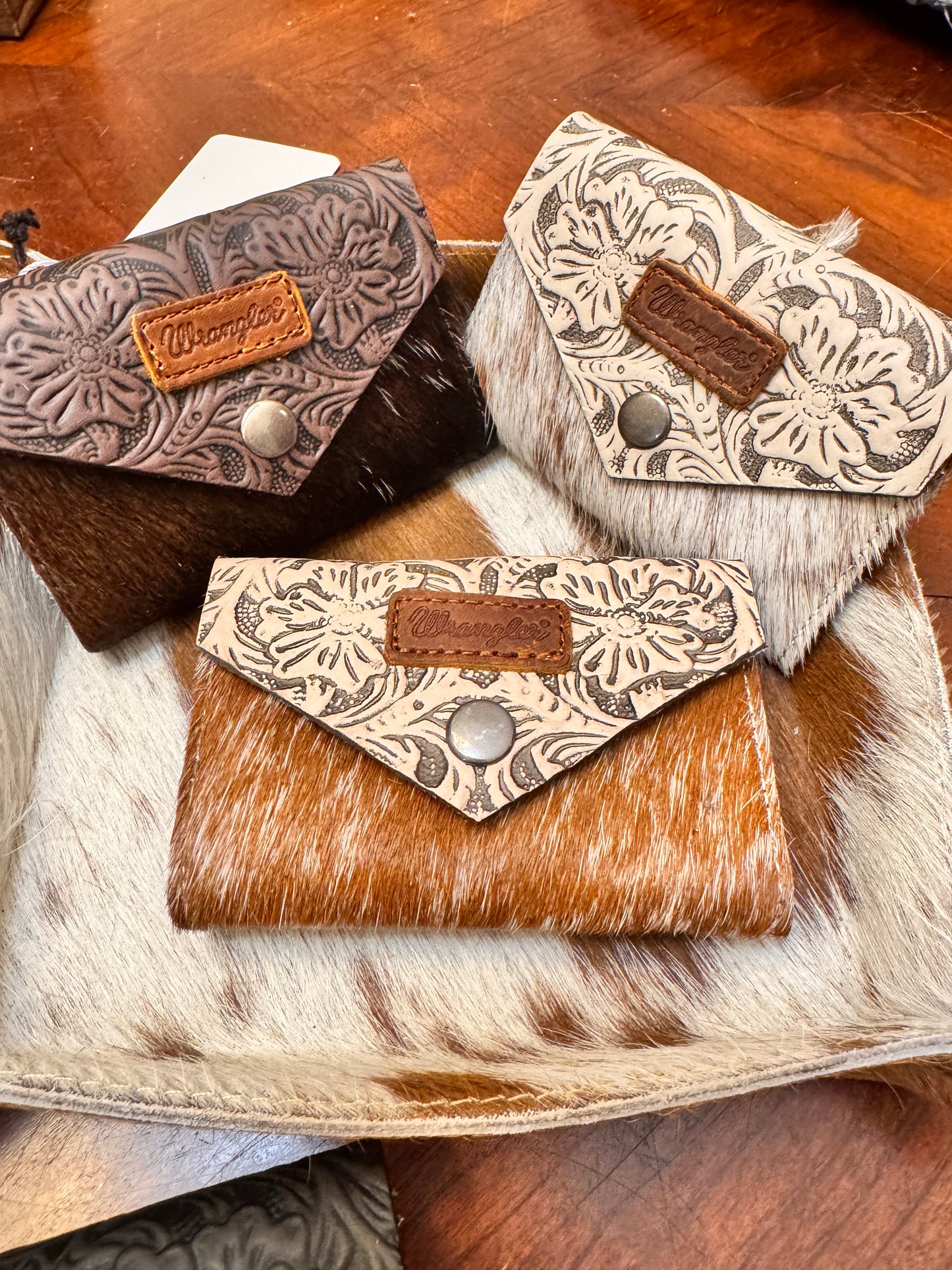 Wrangler Genuine Hair-On Cowhide Floral Tooled Card Holder