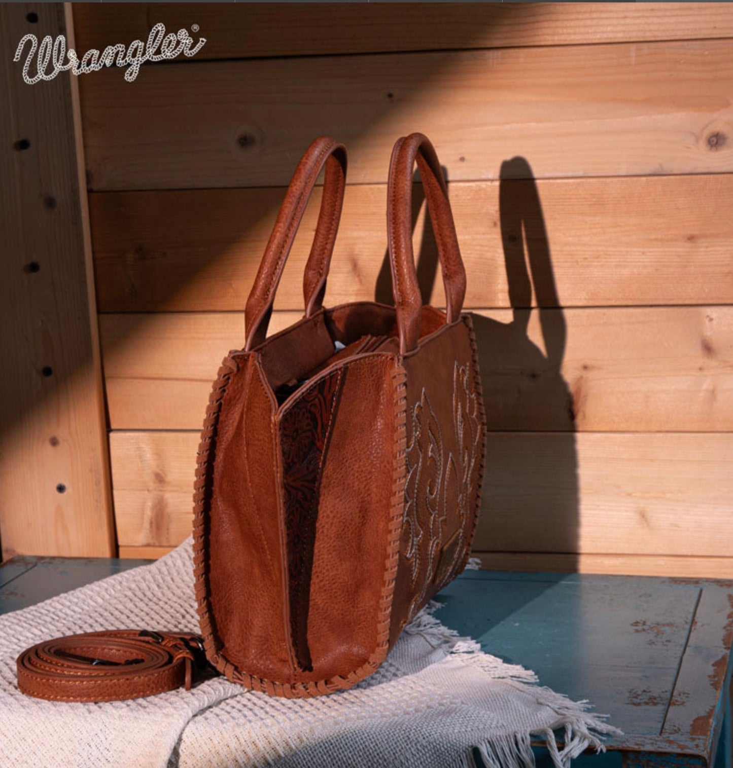 Wrangler Embroidered Trapezoid Tote/Crossbody - Brown