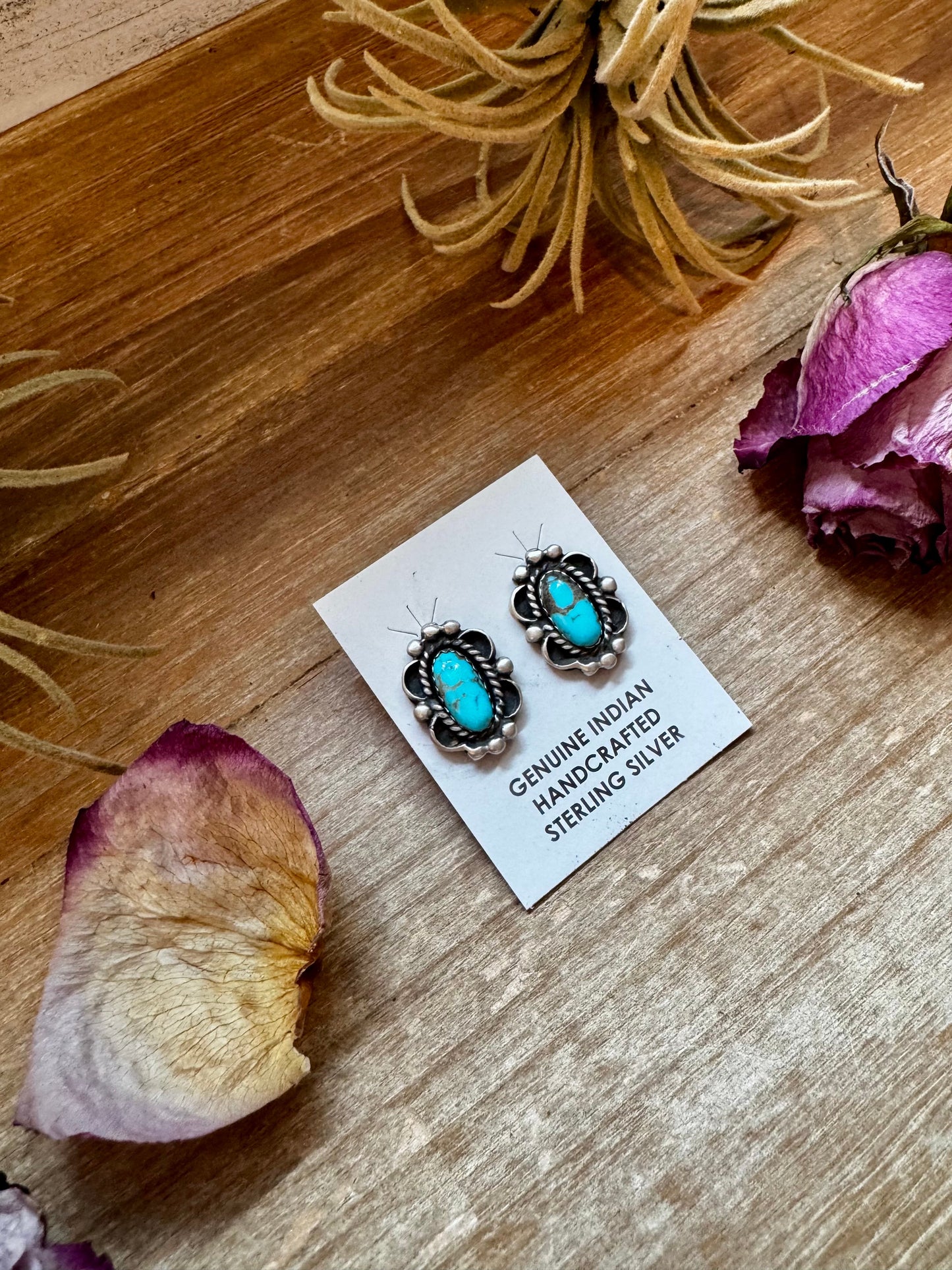 Kingman Turquoise & Silver Pearl Stud Earrings – Sterling Silver – Native Made by L. Silversmith