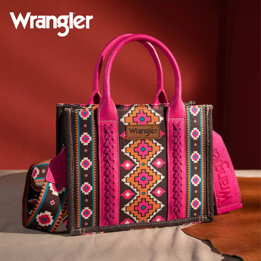 Wrangler Southwestern Print Small Canvas Tote/Crossbody- Hot Pink/Mustard