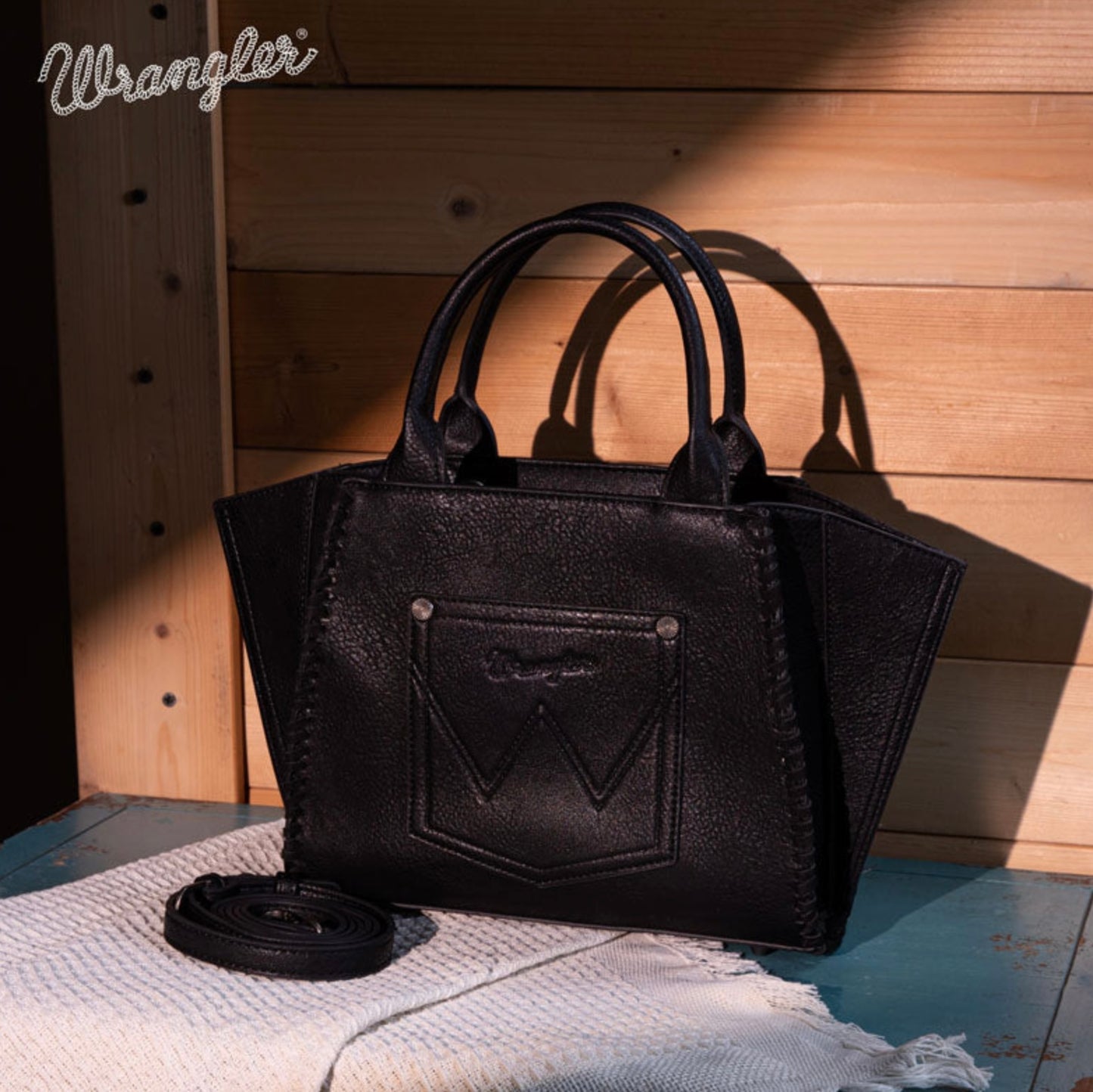 Wrangler Embroidered Trapezoid Tote/Crossbody - Black