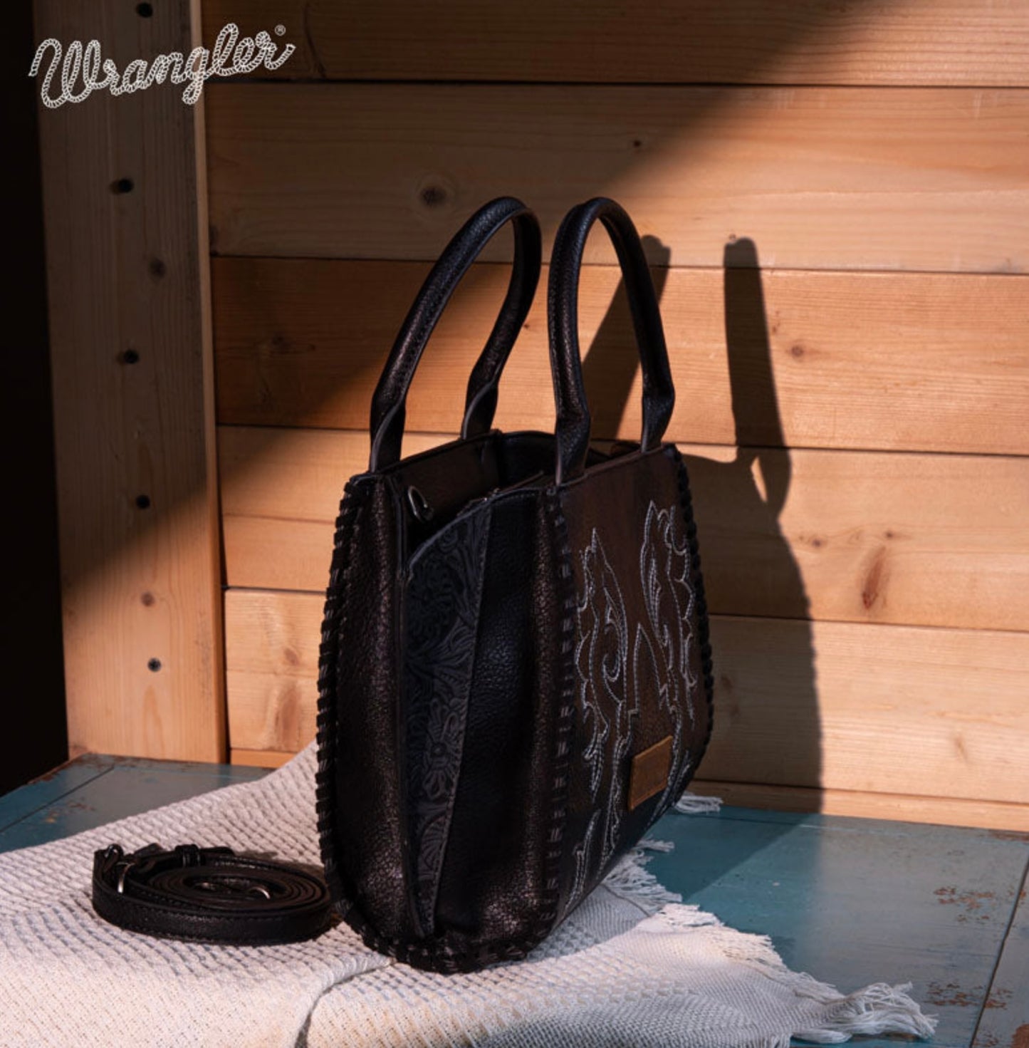 Wrangler Embroidered Trapezoid Tote/Crossbody - Black