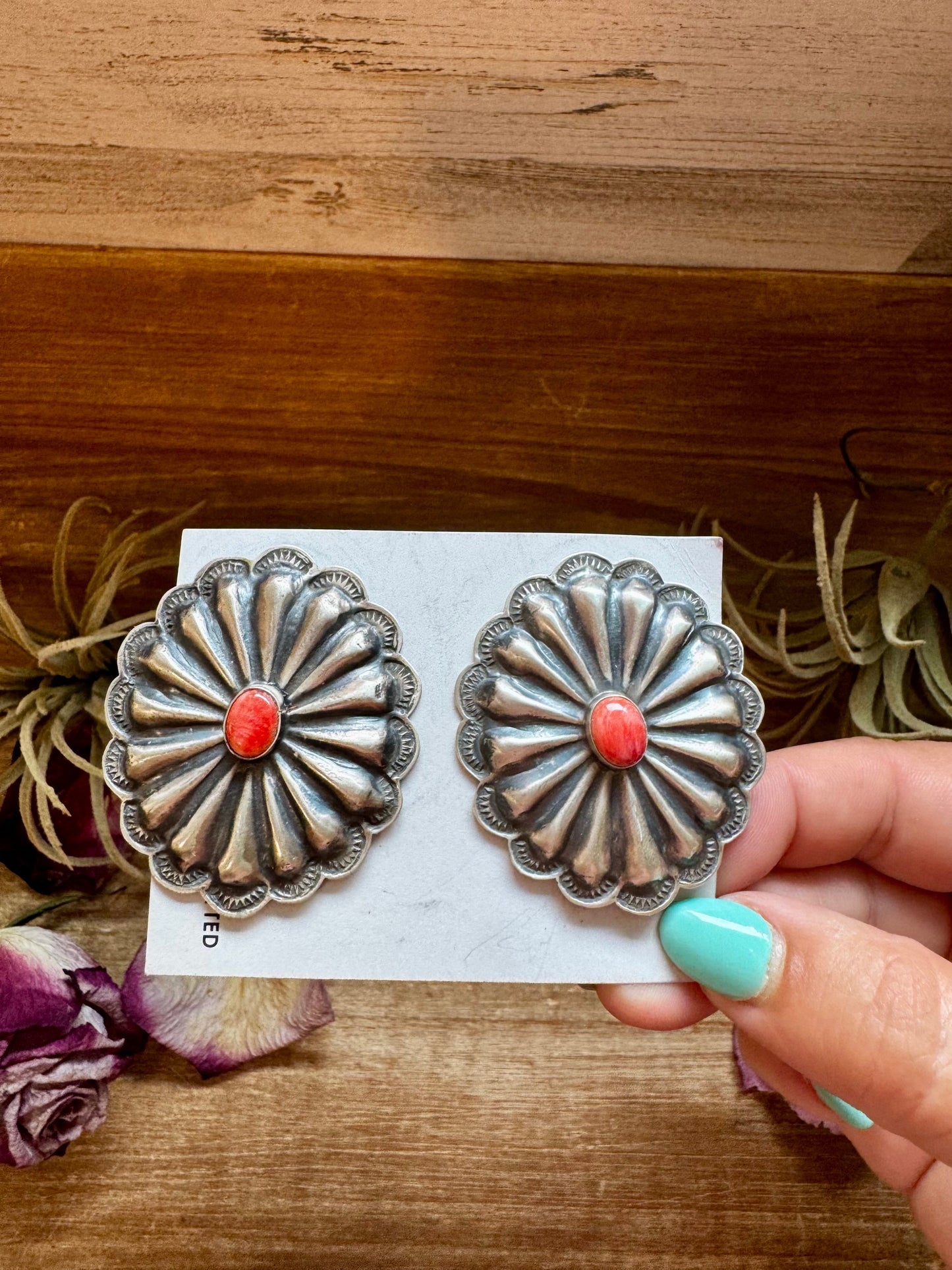 Large Concho Earrings with Red Spiny Oyster – Sterling Silver