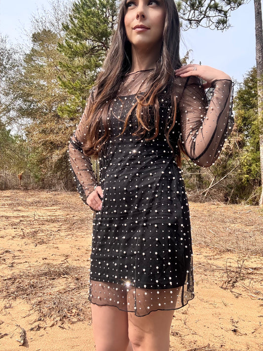 Black Mesh Rhinestone Pearl Studded Dress: XL