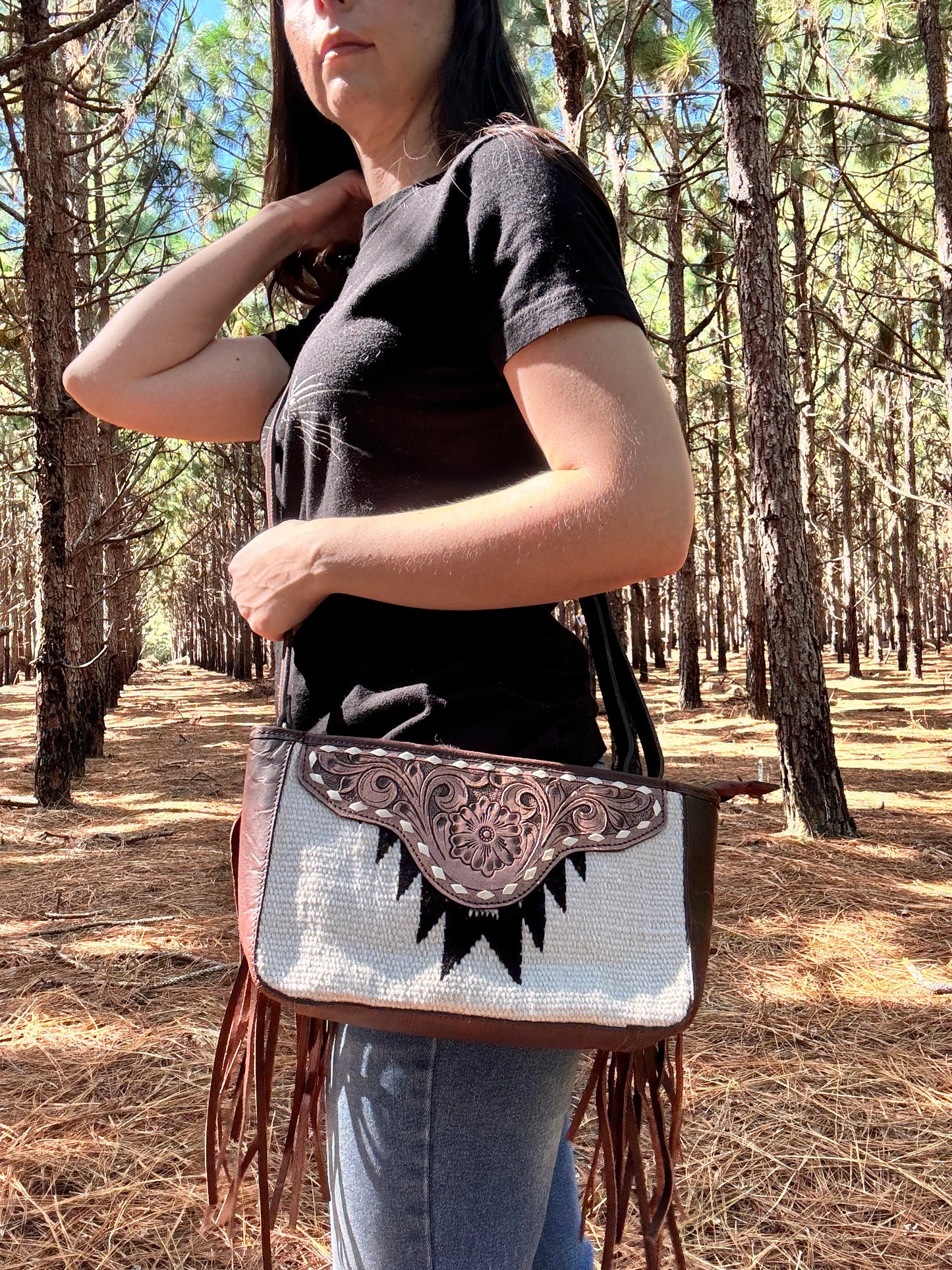 Leather Woven Fringe Tooled Bag