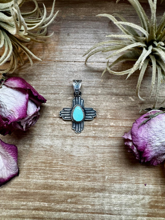 Zia Symbol Pendant with Golden Hill Turquoise – Sterling Silver – Native Made by K. Billah – Fits 8mm