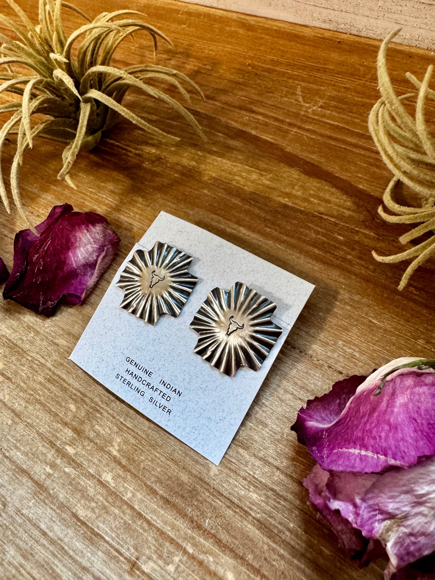 Square Cross Stud Earrings with Longhorn Skull – Sterling Silver