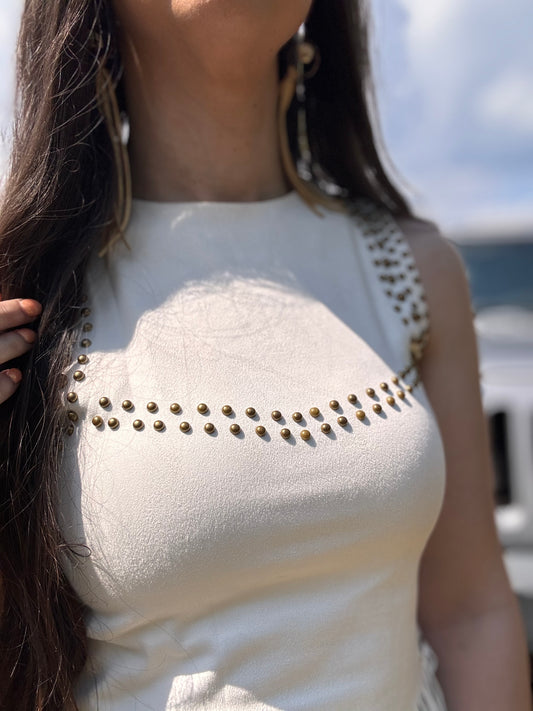 Ivory Studded Fringe Hem Sleeveless Top