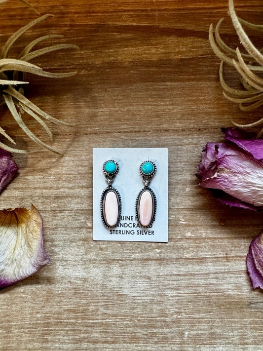Kingman Turquoise & Pink Conch Dangle Earrings – Sterling Silver – Native Made by Marcella James