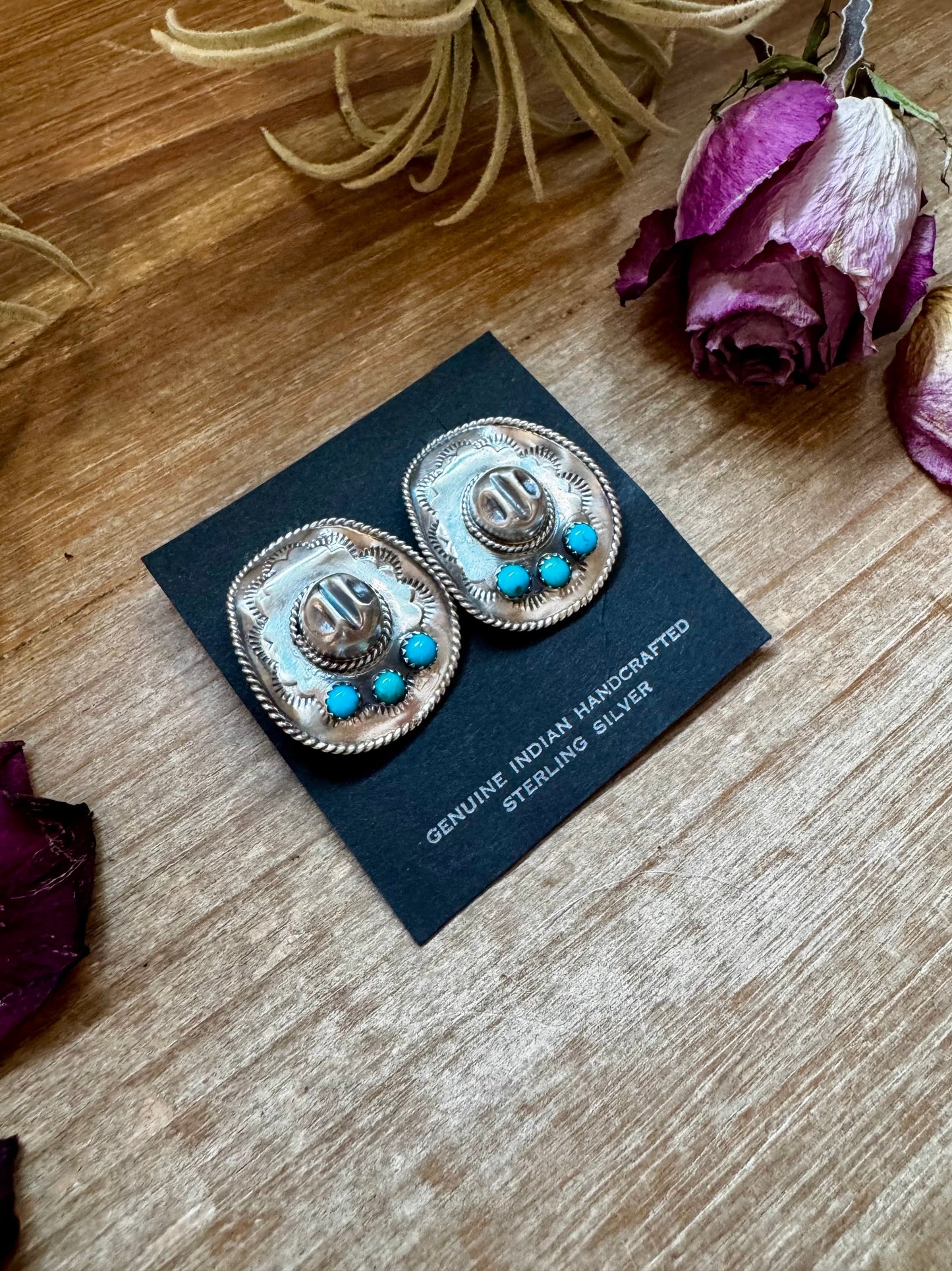 Cowboy Hat Stud Earrings with Kingman Turquoise – Sterling Silver – Native Made by Bobby Platero