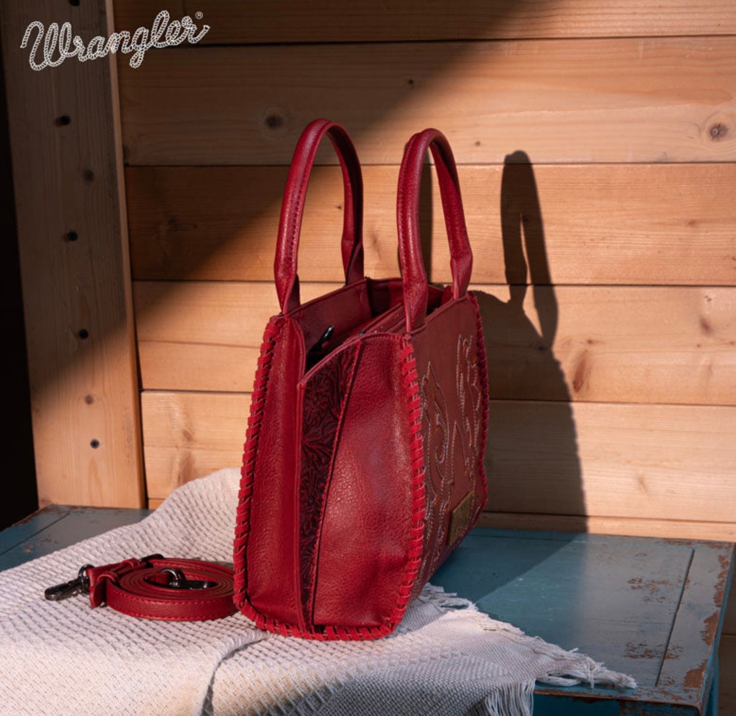 Wrangler Embroidered Trapezoid Tote/Crossbody - Red