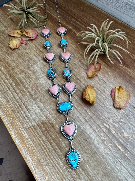Lariat Necklace – Golden Hill Turquoise & Pink Conch Heart – 34” Adjustable Statement Piece