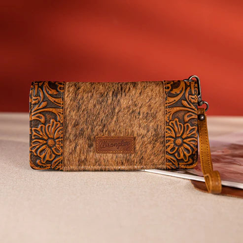 Wrangler Hair-On Cowhide Vintage Floral Tooled Wallet