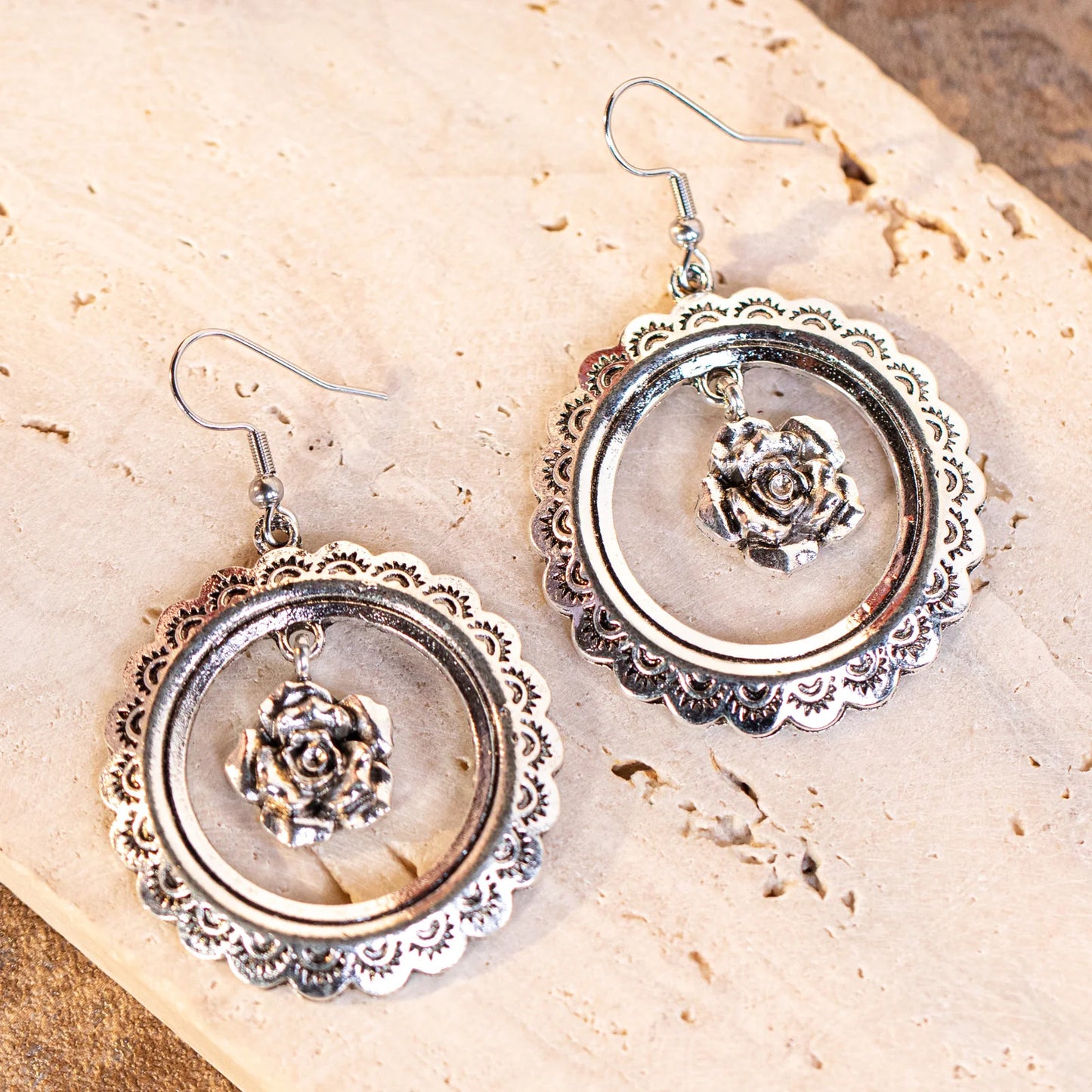 Wrangler Etched Circle Rose Dangling Earring