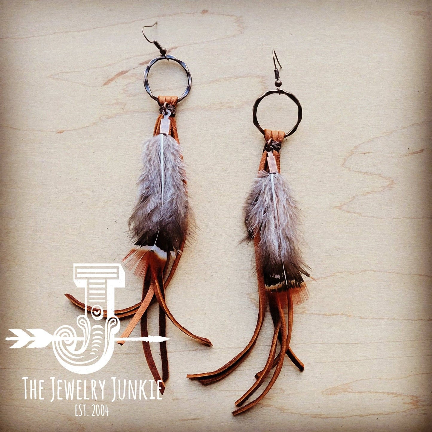 Boho Tan Deer Skin Leather Tassel Earring-Brown Feather