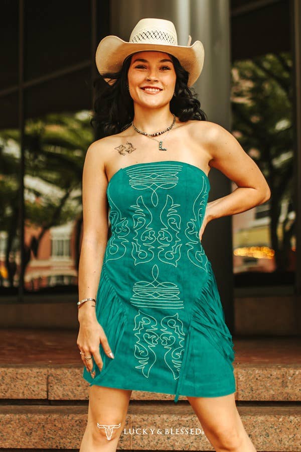 Teal Suede Boot Stitch Embroidered Fringe Dress