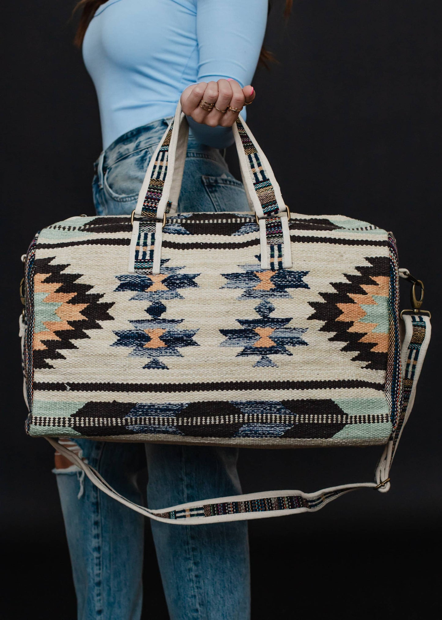 Tan, Brown & Blue Aztec Duffel