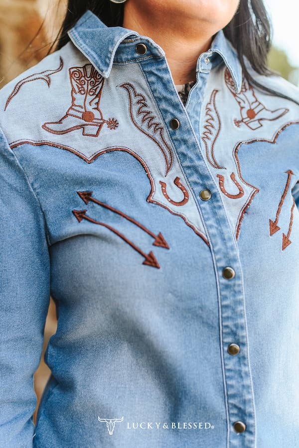 Denim Stretch Long Sleeve W Contrast Western Yokes