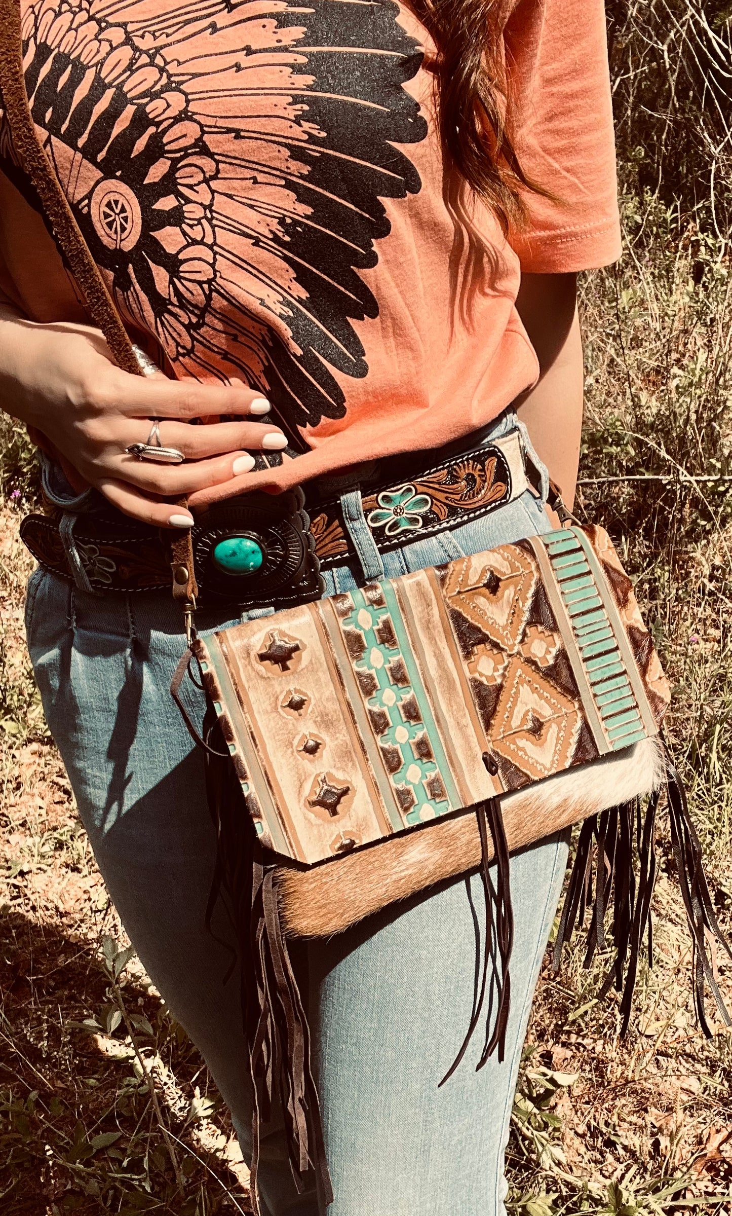 Hair on Hide Handbag w/ Turquoise Sahara Navajo Flap