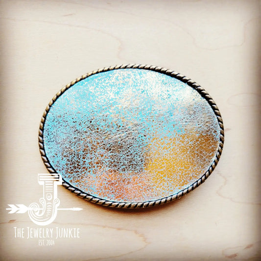 Rope Edge Heavy Metal Turquoise Leather Belt Buckle