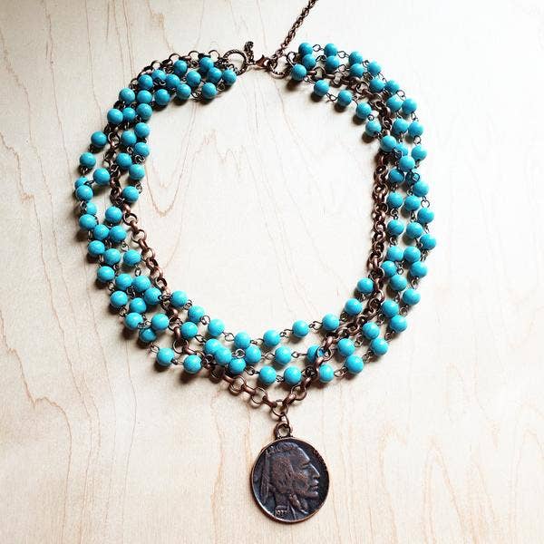 Blue Turquoise Collar-Length Necklace with Indian Head Coin