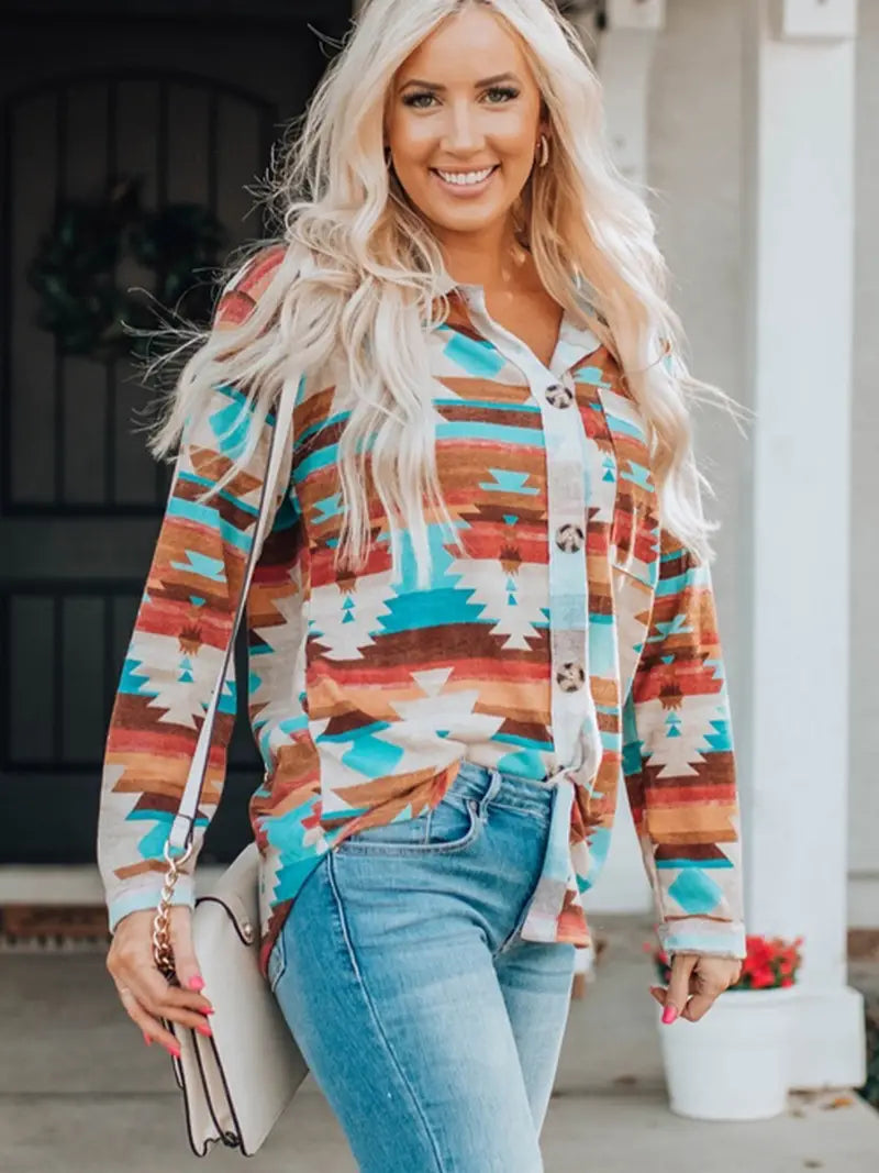 Multicolor Aztec Print Buttoned Pocket Chest Long Sleeve