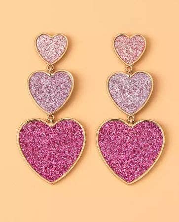 Glitter Pave Triple Heart Dangle Valentine's Day Earrings