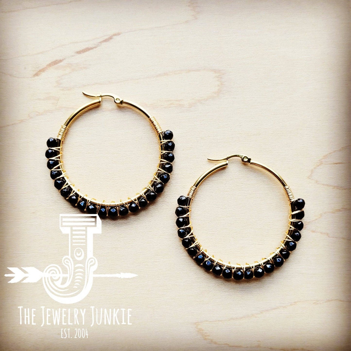 Woven Black Agate Beaded Hoop Earrings