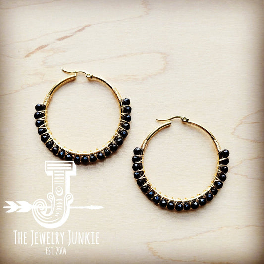 Woven Black Agate Beaded Hoop Earrings