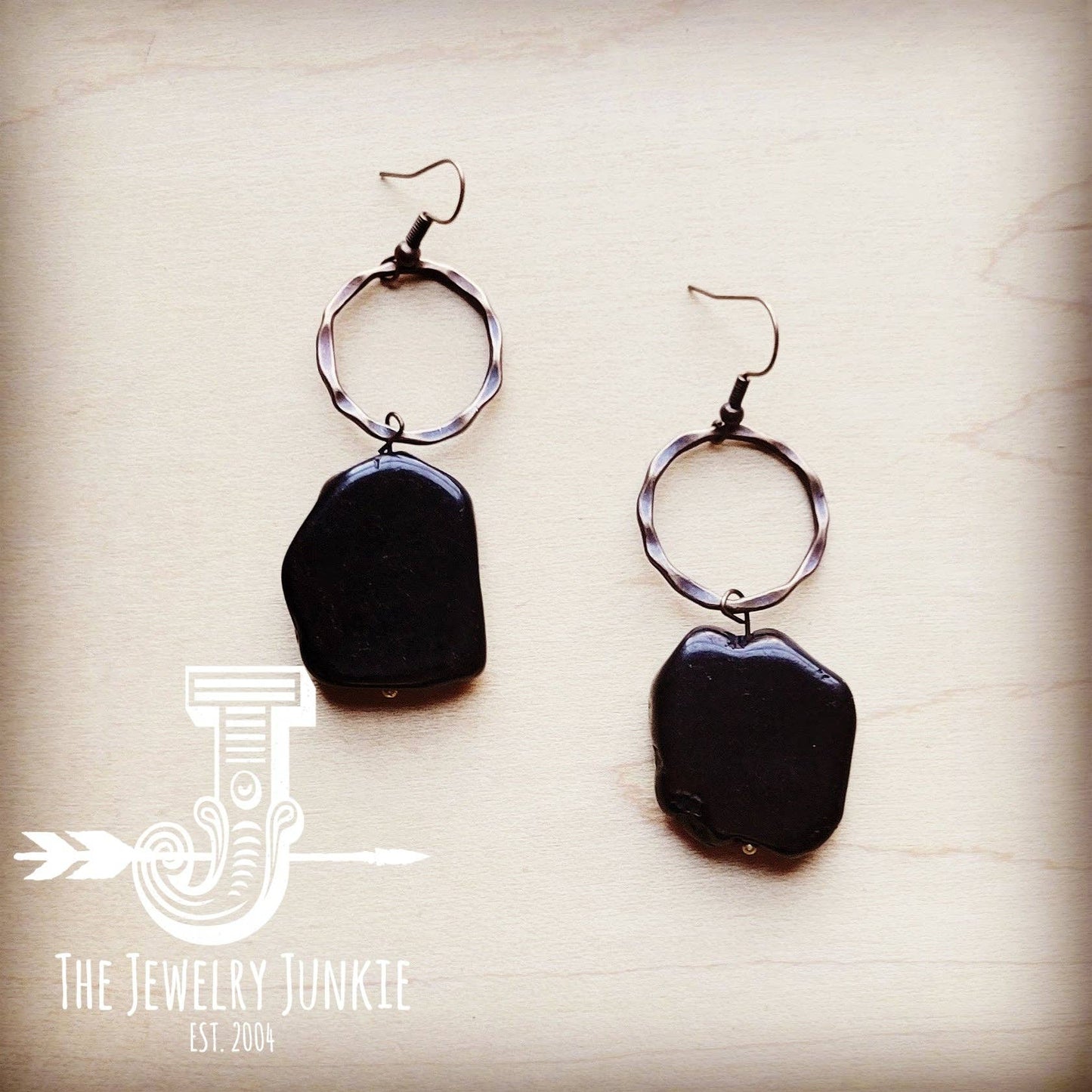 Black Turquoise Slab Earrings on Copper Hoop