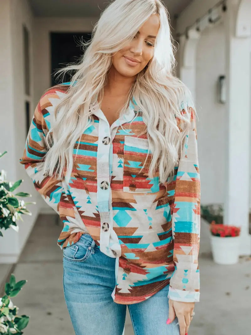 Multicolor Aztec Print Buttoned Pocket Chest Long Sleeve