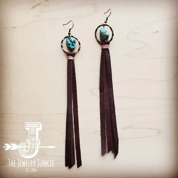 Turquoise Drop Earrings w/ Brown Leather Tassel