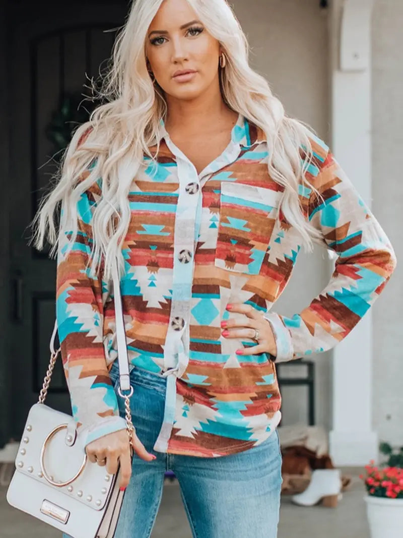 Multicolor Aztec Print Buttoned Pocket Chest Long Sleeve