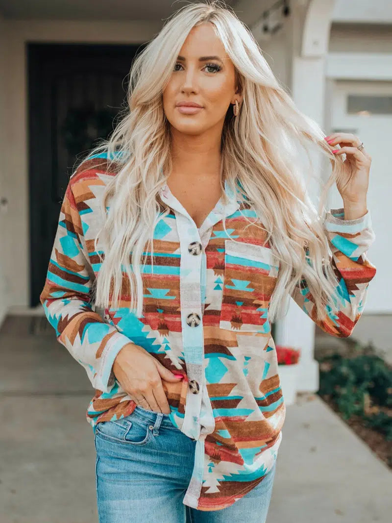 Multicolor Aztec Print Buttoned Pocket Chest Long Sleeve