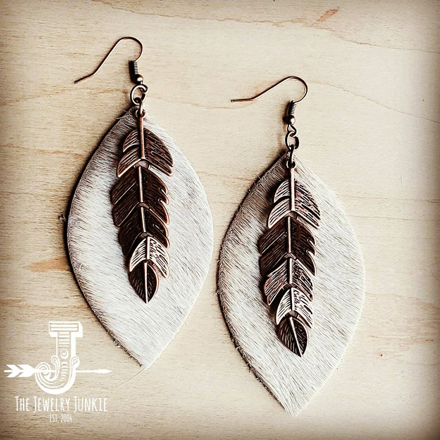 Leather Oval Earrings Hair on Hide w/  Copper Feather