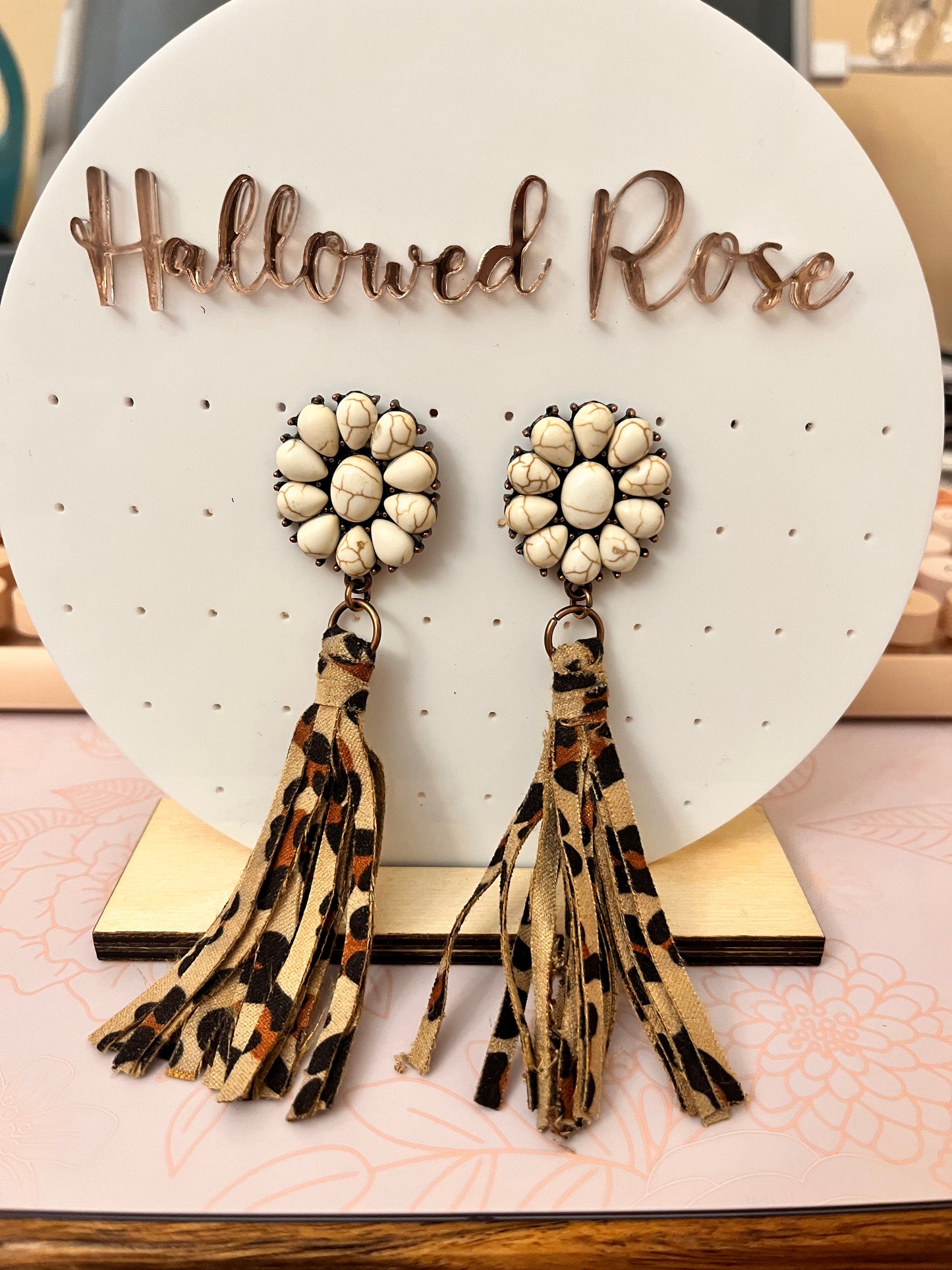 White Turquoise Leopard Print Tassel Earrings HallowedRose