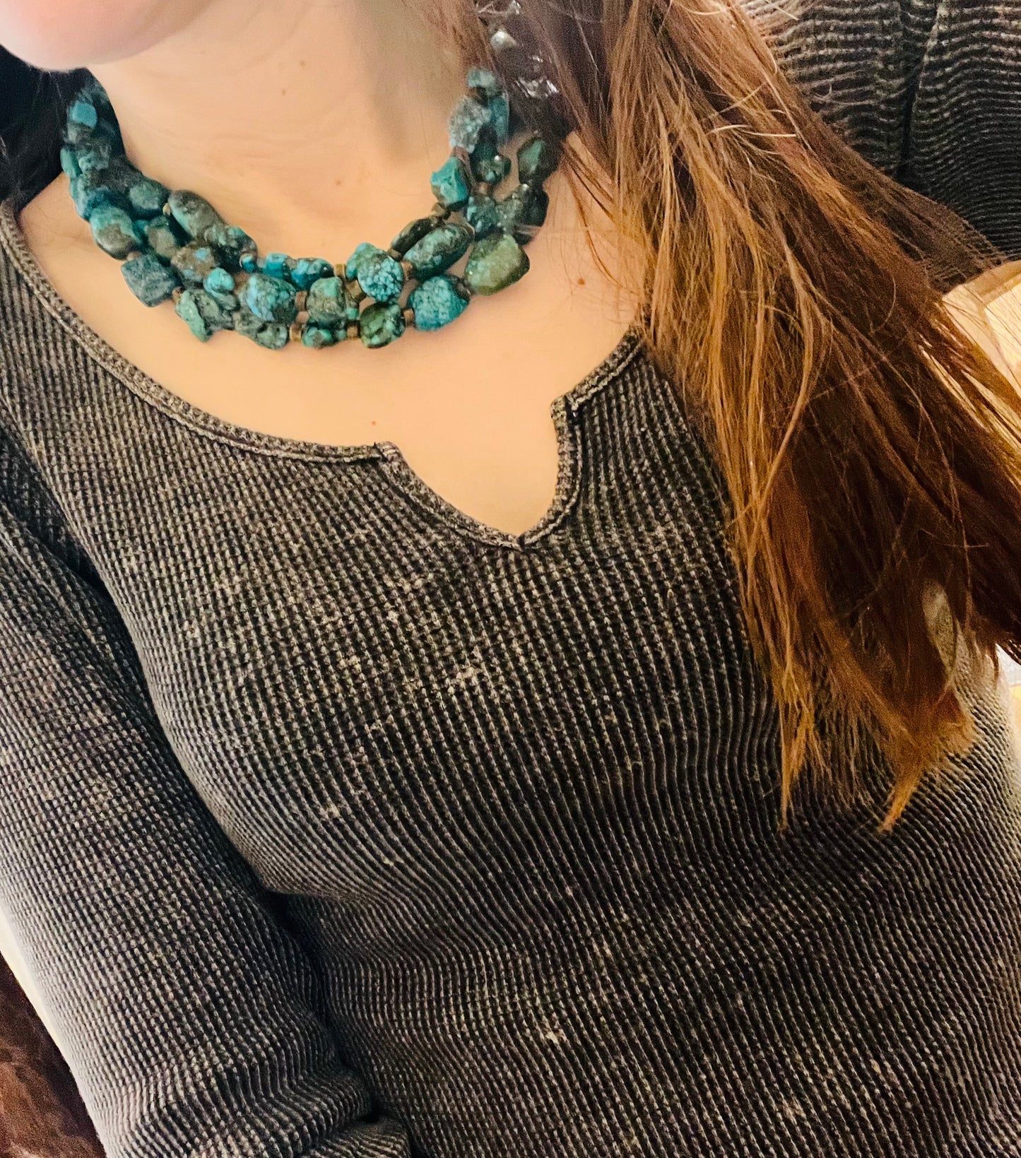 Large Triple Strand Natural Turquoise & Wood Collar Necklace