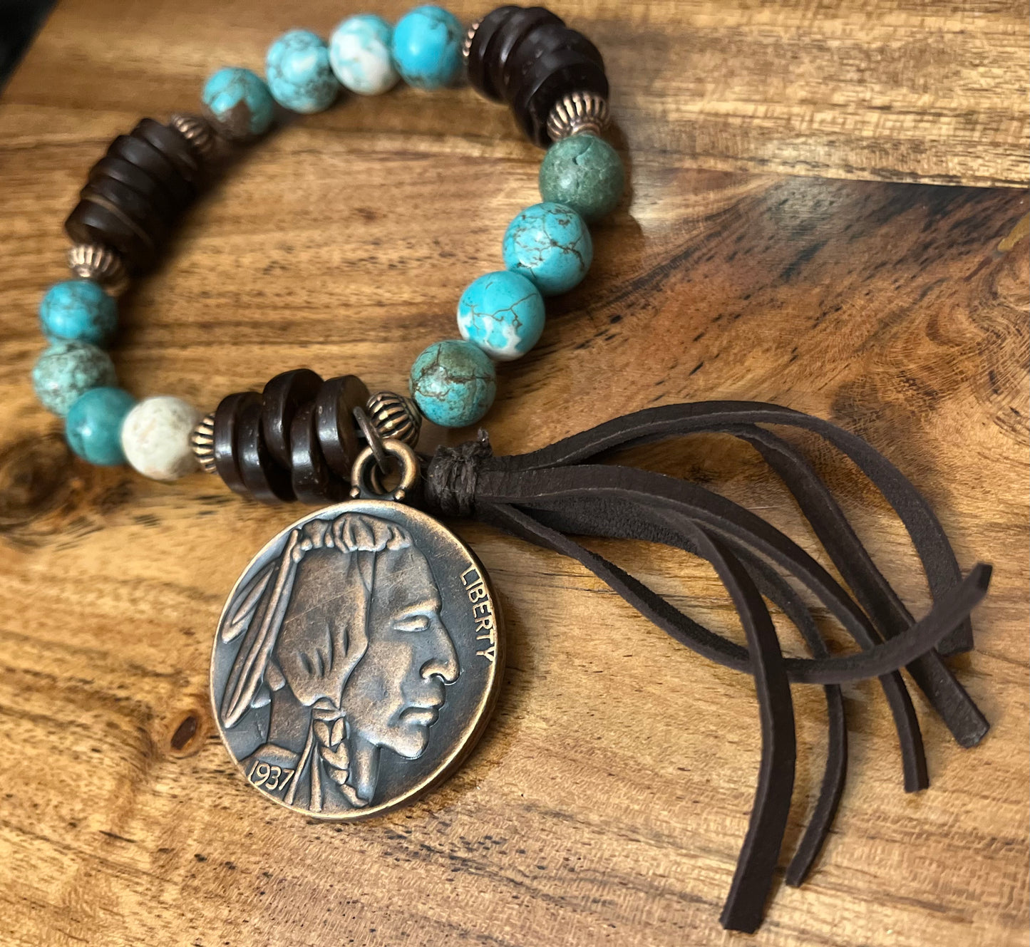 Natural Turquoise and Wood Bracelet w/ Indian Coin