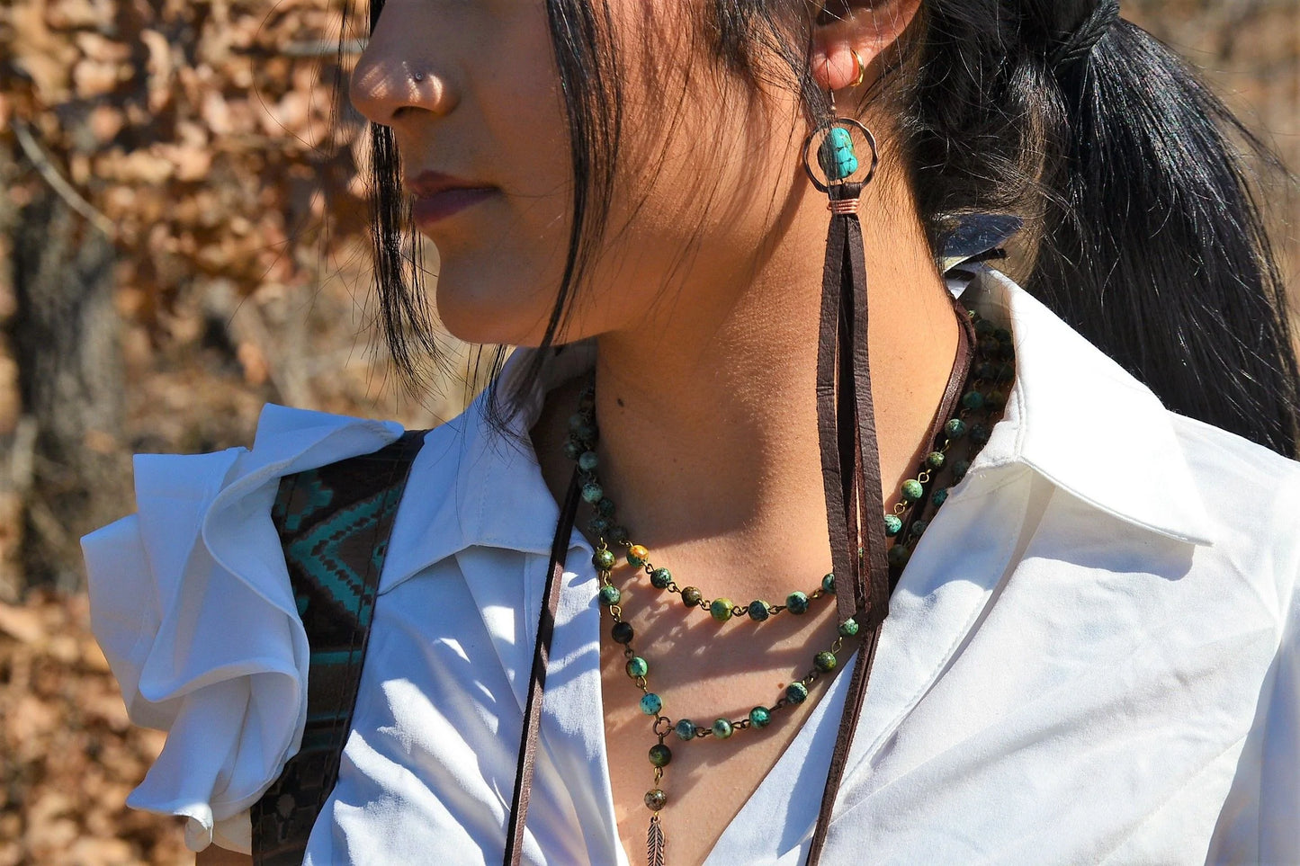 Turquoise Drop Earrings w/ Brown Leather Tassel